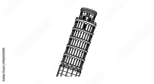 A striking black and white line drawing of the leaning tower of pisa