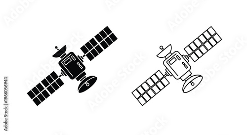 Two black and white line art depictions of a satellite in orbit