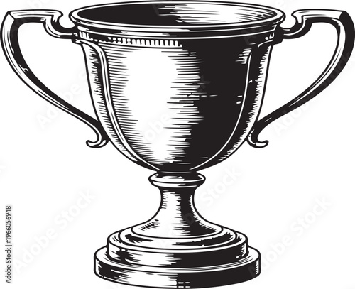 Vintage Trophy Cup Illustration with Detailed Engraving Style Line Art