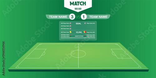 Soccer match results infographic with football field and scoreboard; flat vector template for game statistics, goals, substitutions, yellow cards, and team performance data analysis