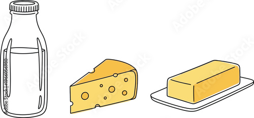 Simple illustration of dairy products including milk, cheese, and butter Vector