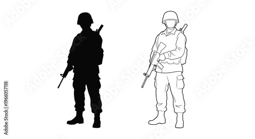 Two soldiers depicted in contrasting black and white line art styles
