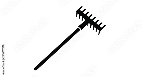 A black silhouette of a garden rake against a white background