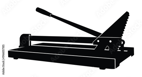 A stark black silhouette of a manual tile cutter tool viewed from a side angle showing its cutting mechanism silhouette