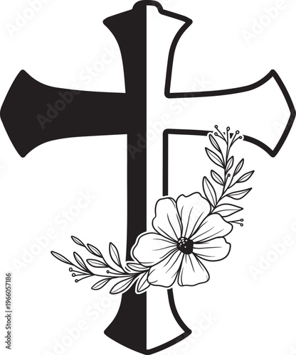 Cross with Flower Line Art
