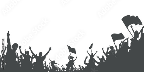 silhouette of soccer fans cheering with flags on white background; large crowd of people celebrating sports victory for football match banner and championship event poster art