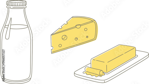 Illustration of dairy products including milk, cheese, and butter Vector