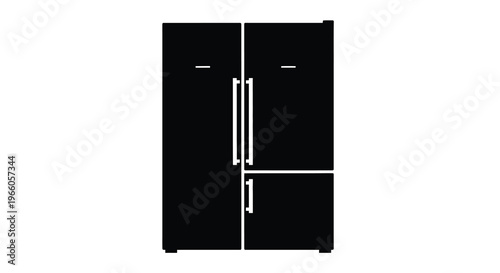 A black silhouette of a modern french door refrigerator with handles