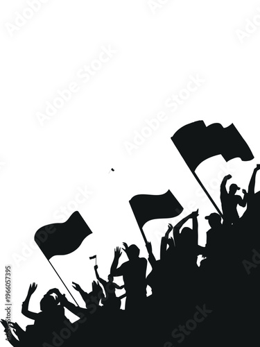 Black silhouette of soccer fans cheering with flags on white background; dynamic crowd of people celebrating sports victory for football match banner and championship event poster