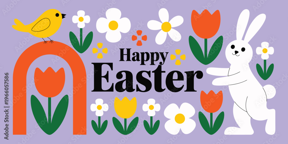 Naklejka premium Colorful Easter greeting card with bunnies and eggs on purple background