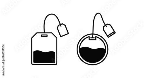 Two simple black and white illustrations of tea bags one in a cup