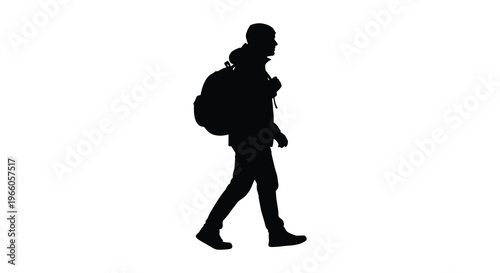 A solitary hiker walks with a large backpack captured in a striking black silhouette high quality professional detailed modern elegant stylish