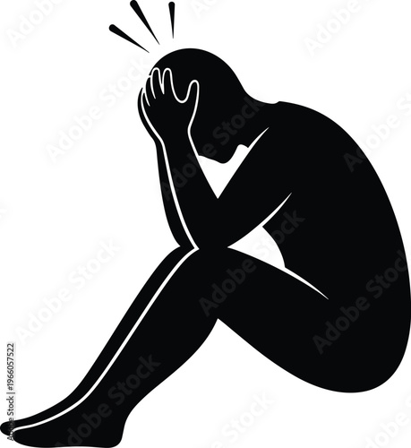 Depressed person silhouette sitting with head in hands, mental health stress concept, anxiety and sadness, emotional pain and burnout isolated on white background illustration