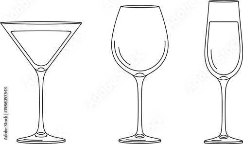 Three types of wine and cocktail glasses illustrated in a simple line drawing Vector