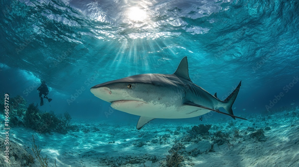 Fototapeta premium Great white shark swimming in deep blue ocean water