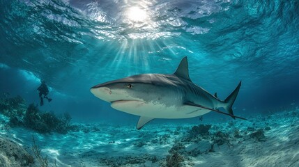 Great white shark swimming in deep blue ocean water
