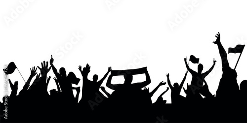 Black silhouette of soccer fans cheering with flags and scarf; crowd of people celebrating sports victory for football match banner, stadium atmosphere, and championship event poster