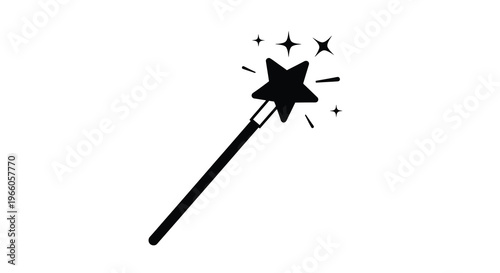 A black silhouette of a magic wand with stars and sparkles