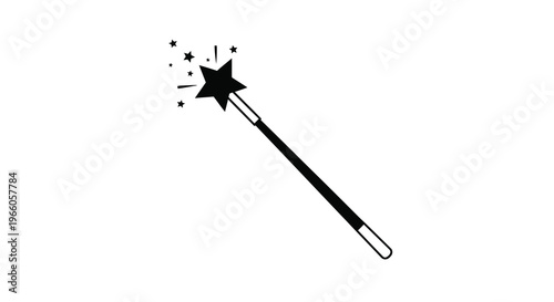 A simple black silhouette of a magic wand with sparkling stars