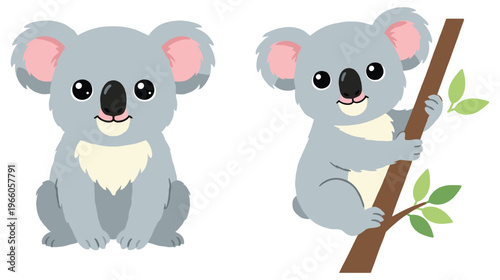 Cute koalas sitting and climbing tree branch