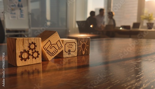 Wooden cubes on an office table with gears, handshake and lightbulb plant icons representing engineering, partnership and sustainable innovation in business setting
