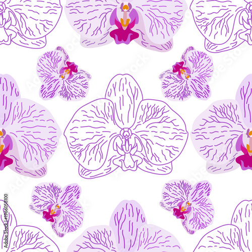 Large orchid flowers in seamless pattern. Luxury floral background for wedding invitations, stationery, decor and textile.