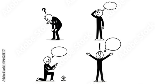 Stick Figures Expressing Thoughts, Confusion, Ideas, and Excitement Isolated White Background