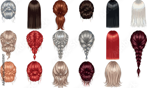 Hairstyle Icon Set Featuring Various Hair Colors and Styles Including Braids, Curls, and Straight Hair for Beauty, Fashion, and Personal Care Themes