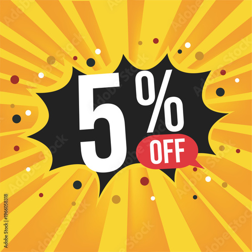 5 por cento de desconto. Banner amarelo com balão flutuante para promoções e ofertas. estilo explosão de preços 