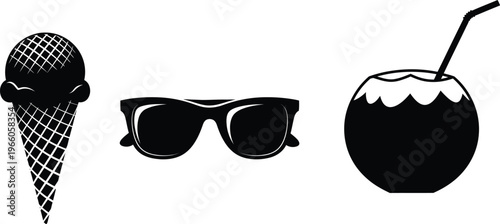 Ice cream cone sunglasses and coconut drink summer travel elements