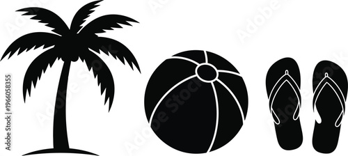 Palm tree beach ball and flip flops summer outdoor leisure items