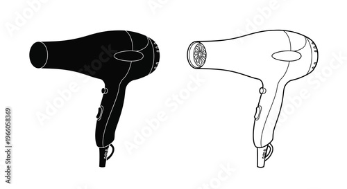 Two hair dryers depicted in contrasting black and white line art