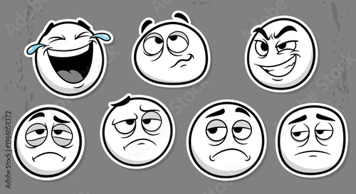 Variety of black and white cartoon emoticons in sticker style, expressing emotions like laughter, boredom, anger, and sadness on grey background.