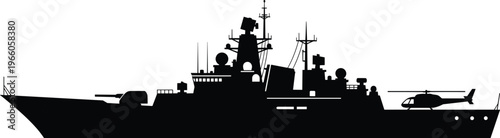 Naval warship silhouette with helicopter on deck, military navy vessel concept, defense and maritime security, armed forces ship isolated on white background illustration
