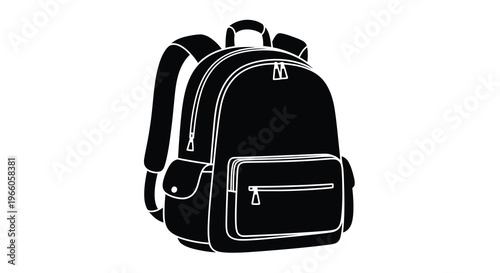 Black and white outline of a modern backpack with straps and zipper