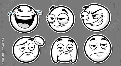 Collection of black and white cartoon emoticons in sticker design, displaying emotions such as laughter, confusion, and mischief on grey background.