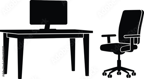 Minimalist home office desk setup with computer monitor and swivel chair