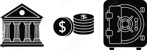 Bank building coins and safe box black icon set on grey background