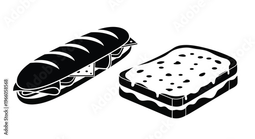 Black and white illustration of a sandwich and a slice of bread