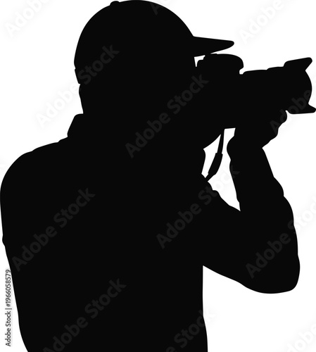 Photographer silhouette holding camera, professional photography concept, paparazzi shooting image, creative artist at work, media journalism and photojournalist isolated on white background