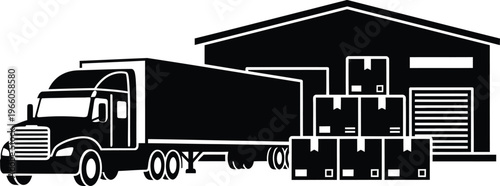 Truck warehouse and stacked boxes black icon set on grey background