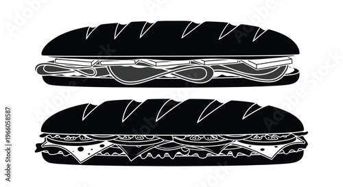 Black and white illustration of two stacked sandwiches with visible fillings