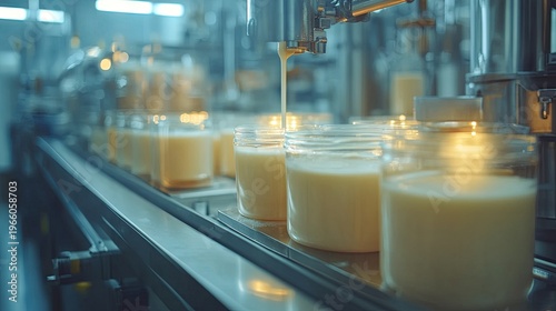 Production of baby formula in a modern factory, showcasing automated manufacturing processes, hygienic conditions, and strict quality control in a contemporary industrial environment