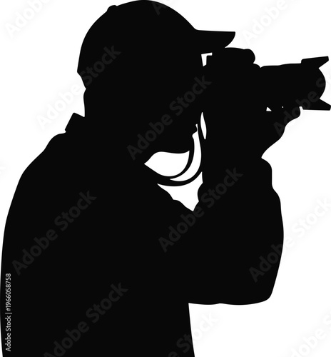 Photographer silhouette with camera shooting, professional photography concept, paparazzi or photojournalist capturing image, media and creative work isolated on white background illustration