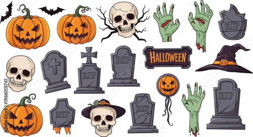 Spooky Halloween Icons Set with Pumpkins, Skulls, Gravestones, Zombies, and Halloween Witch Hat Illustrations
