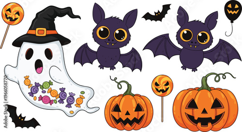 Cute Halloween Ghost, Bat, Pumpkin, Lollipop, and Balloon Icons for Kids' Holiday Decorations and Designs