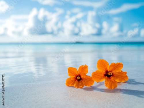 Bright orange flowers resting on shallow water with reflections and a soft tropical beach background
