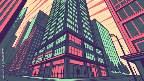 A vibrant cityscape illustration featuring a modern skyscraper with a unique pink and green color scheme