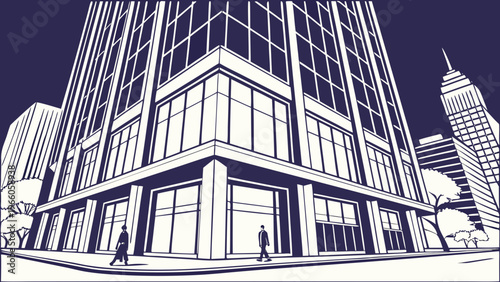 A modern cityscape illustration featuring a large office building with a sleek design