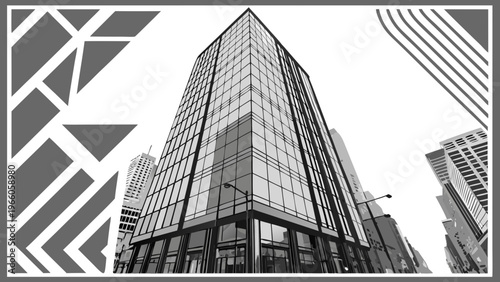 A sleek, modern skyscraper stands tall in the city with a geometric patterned background
